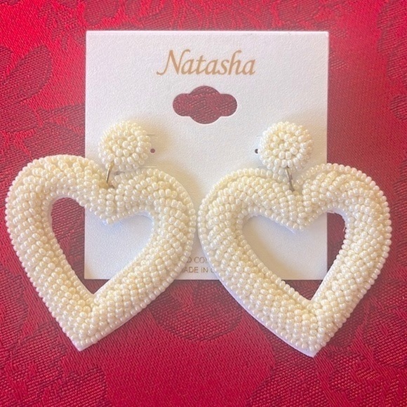 Brand New Natasha Beaded Pearl Cream Heart Drop Earrings Valentine’s Day - Picture 6 of 13